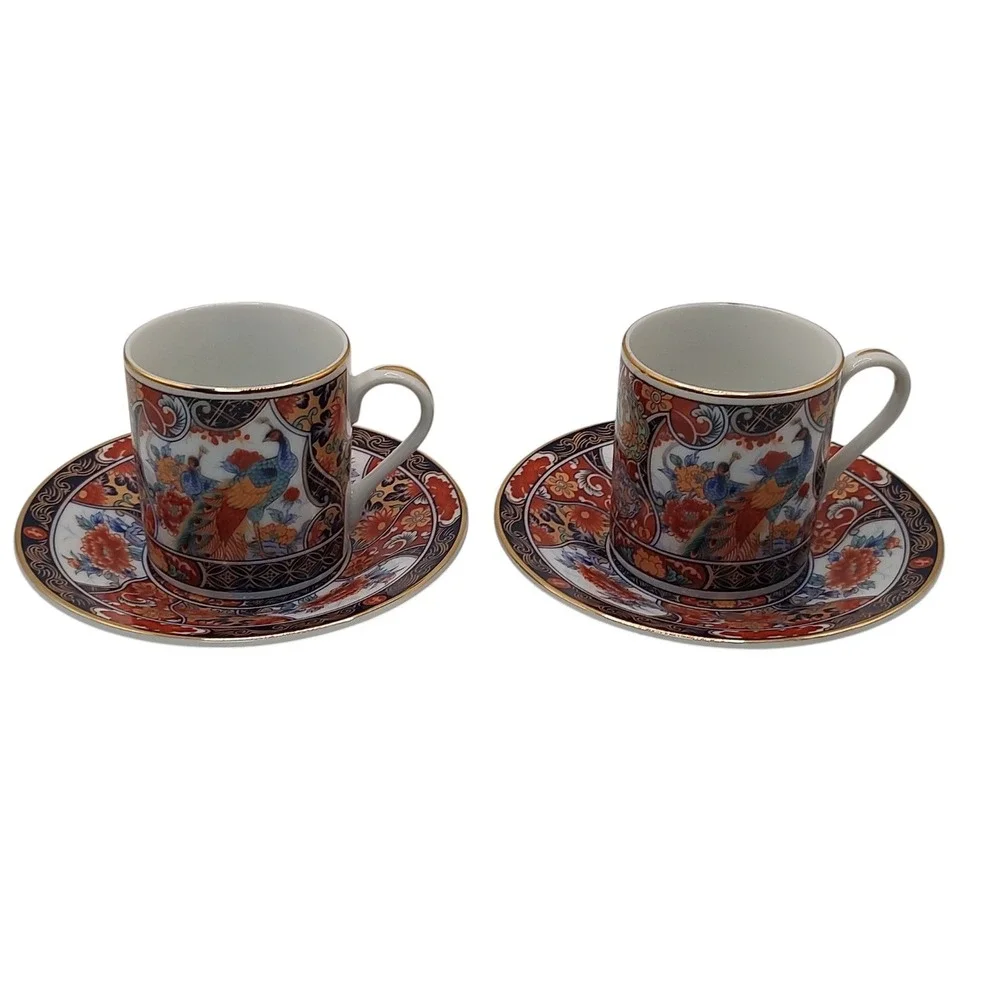 Vintage Japanese Imari Arita Demitasse‎ Cups Saucers Peacock Handmade Four Piece